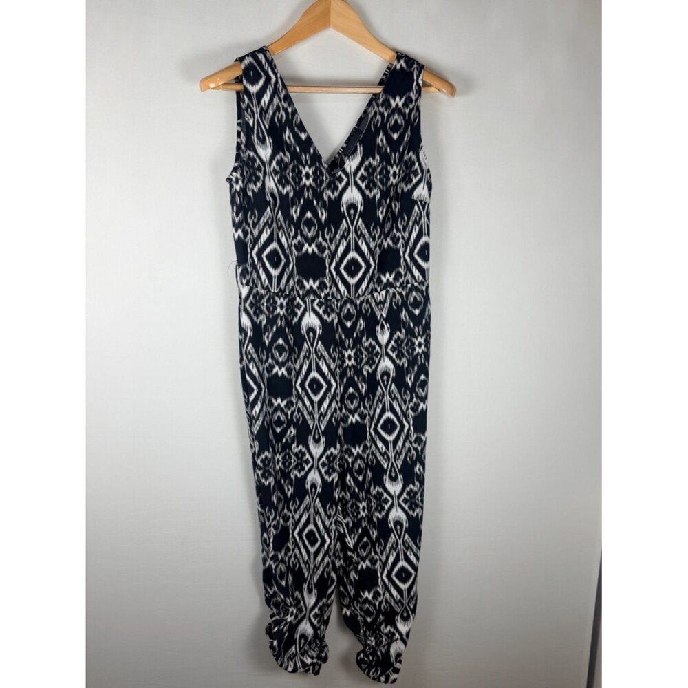 BOLD Elements Ikat Jumpsuit S Black White Sleeveless Ruched Ankle Tribal Relaxed